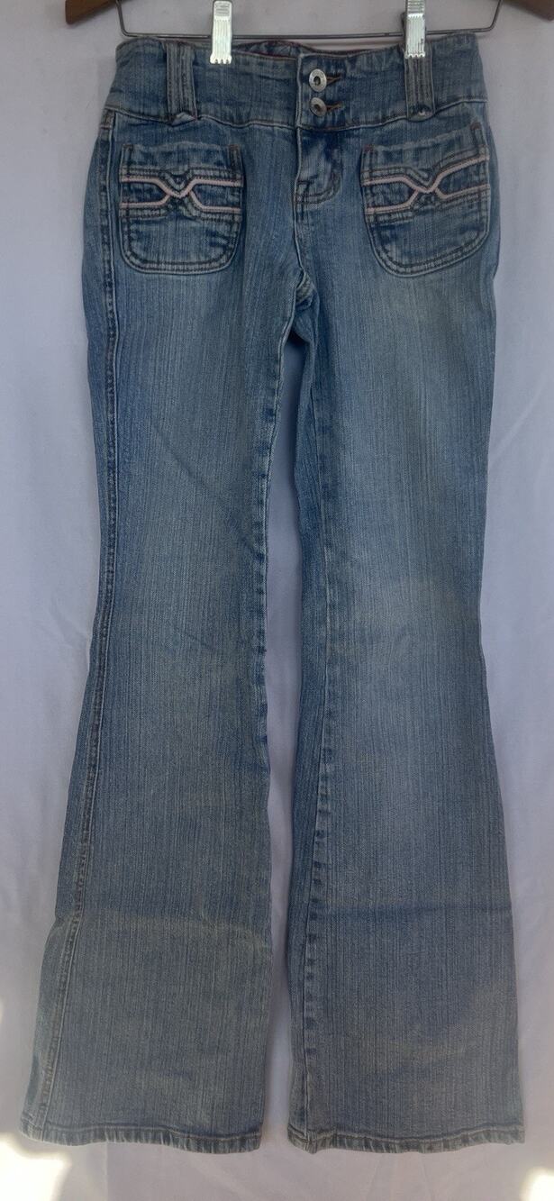 Vintage 90s Glo Flared Jeans Womens Size 0 Junior Blue Denim Faded Stretch USA